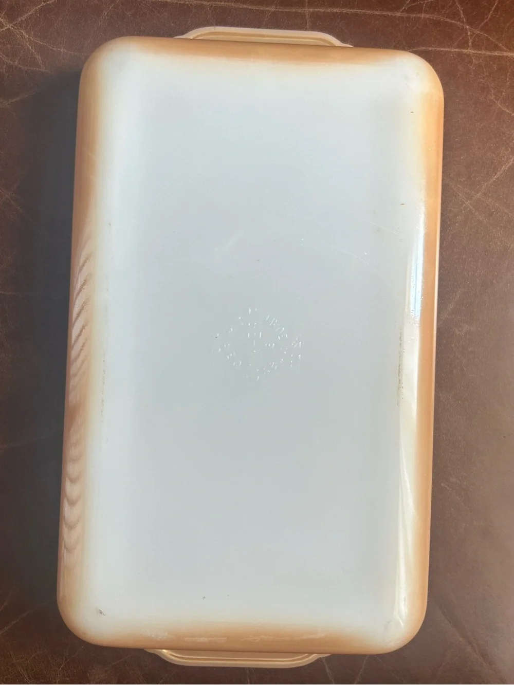 Fire King Peach Rectangular Baking Dish with White Interior.1 1/2 qt.